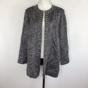 CHICO’S WOMEN GREY WHITE TWEED GOLD JEWELED CREW NECK LONG BLAZER SIZE 4